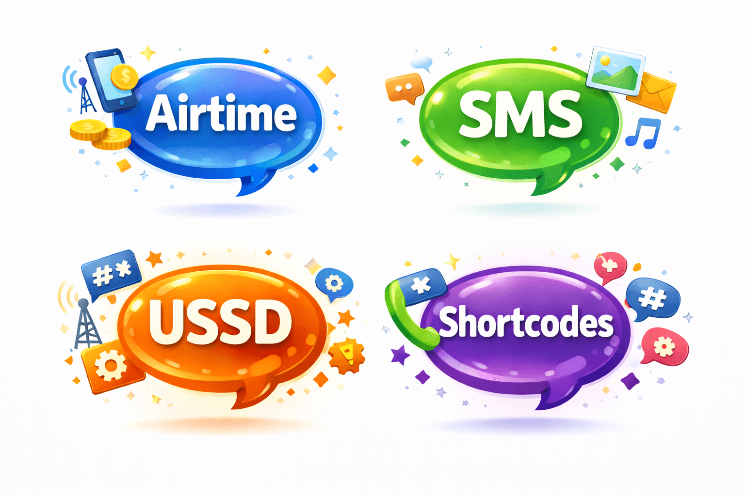 image of speach bubbles highlighting airtime, mms, shortcodes and ussd